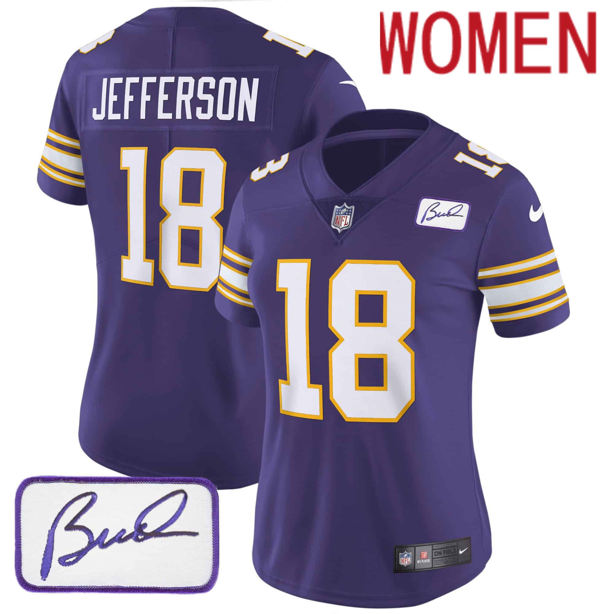 Women Minnesota Vikings #18 Jefferson Purple 2024 Nike Bud Grant Patch Classic Limited NFL Jersey style 1->women nfl jersey->Women Jersey